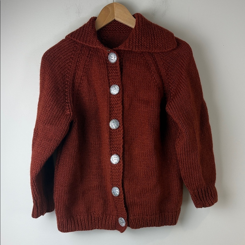 Homemade knit cardigan sweater rust colour size small